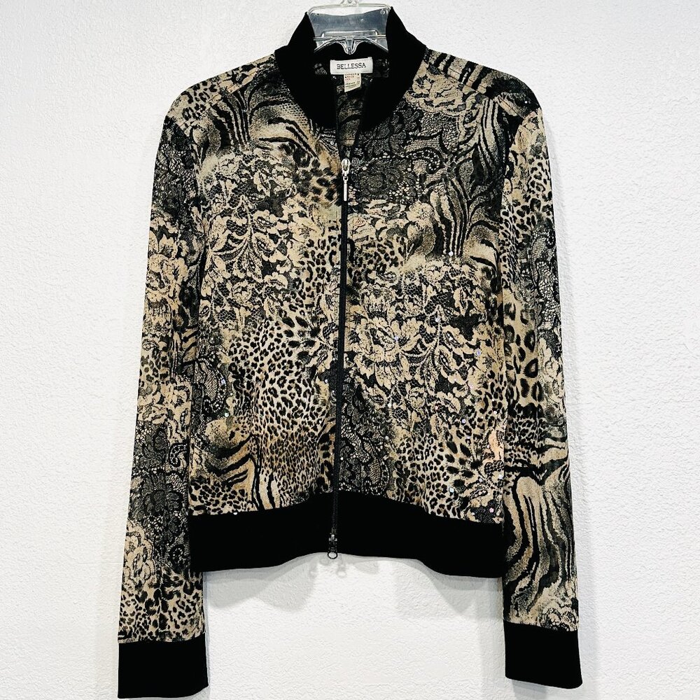 Vintage Bellessa Full Zip Top Jacket Semi Sheer Floral Animal Print Sequins Sz 8
